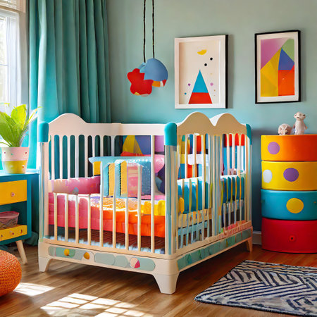 Baby room interior with blue walls, wooden furniture and colorful beddingの素材