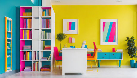 Interior of a bright and colorful children's room with bookshelvesの素材