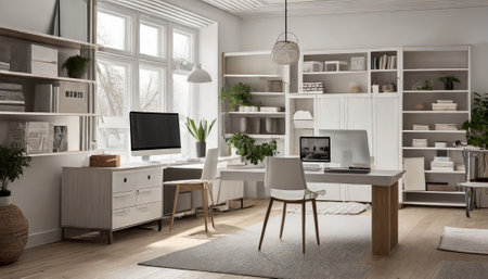 3d Illustration of a modern home office interior design. Work space.の素材