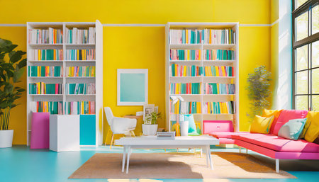 Interior of modern bright living room with blue and yellow walls, colorful sofa and bookcaseの素材