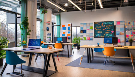 Interior of a modern office with computers and colorful stickers on the wallの素材