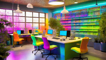 Interior of a modern office with a lot of colorful lights.の素材