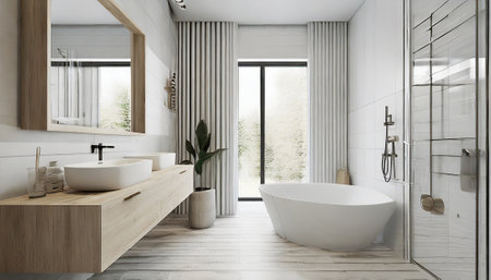 Interior of modern bathroom with white and wooden walls, wooden floor, comfortable bathtub and double sink. 3d renderingの素材