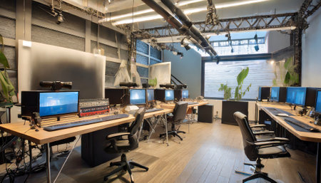 Interior of a modern office with computers and equipment, stock photoの素材