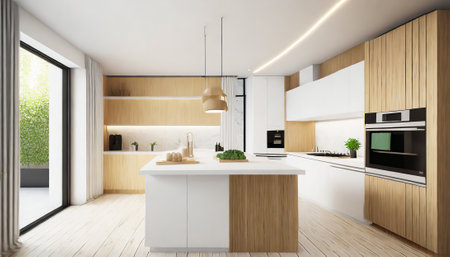 Interior of modern kitchen with white and wooden walls, wooden floor, white countertops and white cupboards. 3d renderingの素材