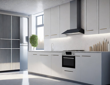Interior of modern kitchen with white walls, concrete floor, white countertops and white cupboards. 3d renderingの素材