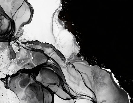black and white abstract background, hand drawn alcohol painting with golden streaks, liquid ink technique textureの素材