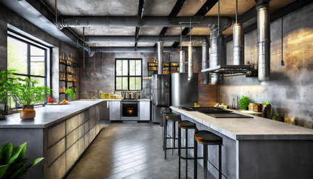 3d rendering of modern kitchen in loft style with grey walls.の素材
