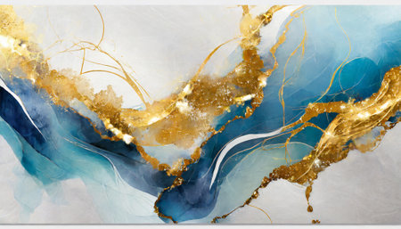 Marble abstract background with gold and blue watercolor splashes.の素材