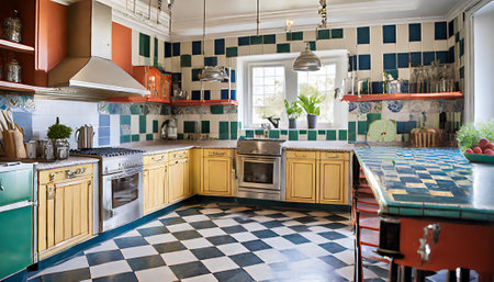 Interior of a modern kitchen with blue and green tiles in a classic styleの素材