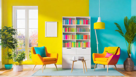Interior of bright living room with yellow armchairs and bookshelvesの素材