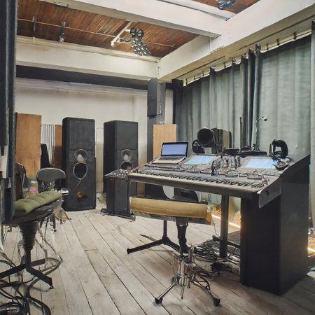 Interior of a recording studio with equipment and lighting equipment in the interiorの素材