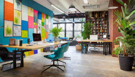 Interior of a modern office with a lot of plants and furnitureの素材