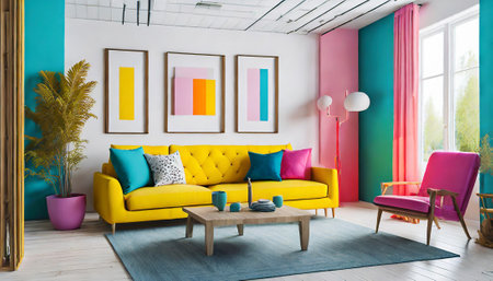 Modern living room interior design with yellow sofa, pink armchair and colorful paintingsの素材