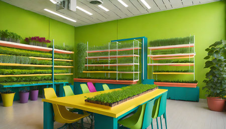 Interior of a modern green and yellow flower shop with green plantsの素材