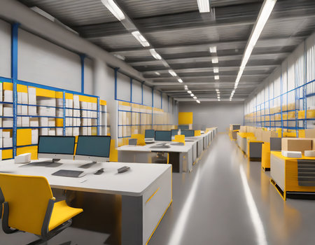 Modern office with yellow and white walls and concrete floor. 3d rendering.の素材