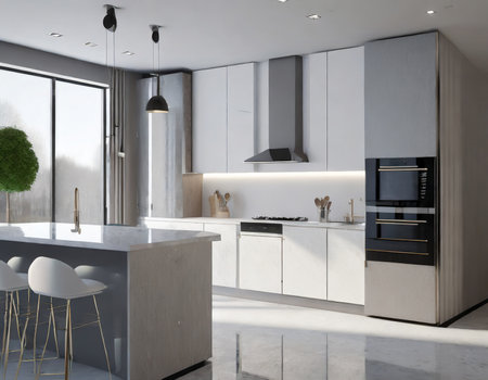 3d render of modern kitchen in a loft with gray and white wallsの素材