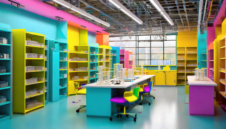 Interior of a modern science laboratory with colorful shelves and computer tablesの素材