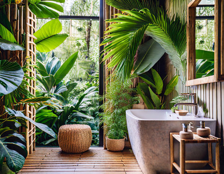 Bathroom interior with tropical plants and ferns on wooden floorの素材