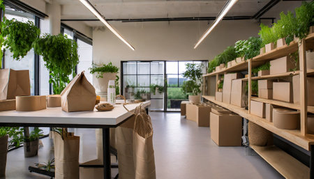 Empty warehouse with cardboard boxes and plants, moving to new home conceptの素材