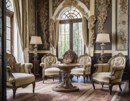 Luxury interior of a royal house, classic furniture and armchairsの素材