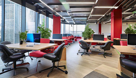Interior of a modern open space office with computers on tables and chairsの素材
