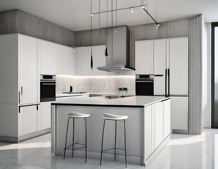 Interior of modern kitchen with white walls, tiled floor, white countertops and white cupboards. 3d renderingの素材