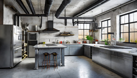 Interior of modern kitchen in loft style. 3D Renderingの素材