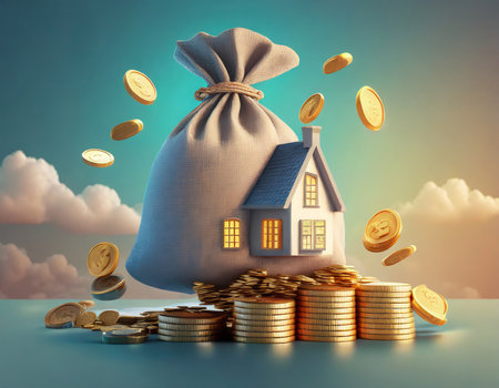 House and money bag on blue sky background. 3D illustration.の素材