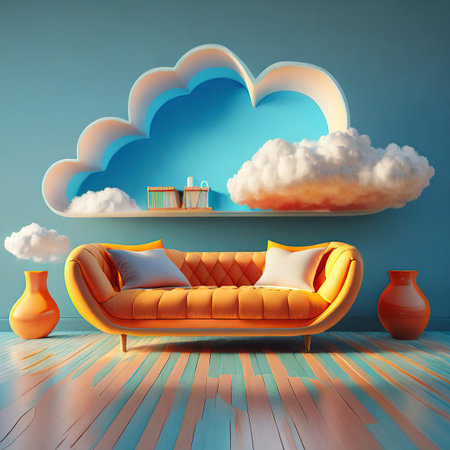 Comfortable sofa and vase in the room with clouds. 3D renderingの素材
