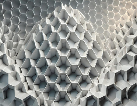 Abstract 3d rendering of chaotic polygonal structure. Creative background with hexagons.の素材