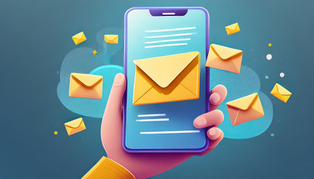 Email marketing concept. Hand holding smartphone with email icons. Vector illustrationの素材