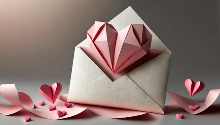 Envelope with paper hearts. Valentine's day concept. 3D Renderingの素材