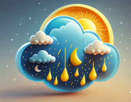 Weather forecast, sun and cloud with raindrops. Vector illustration.の素材