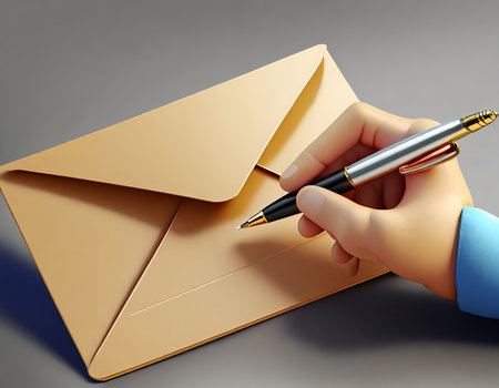 Envelope and hand with pen. 3d render illustration.の素材