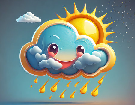 Illustration of a cute cartoon sun with clouds and raindrops.の素材