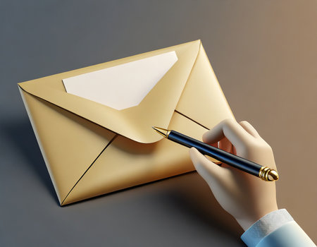 Envelope and hand with pen on grey background. 3d illustrationの素材
