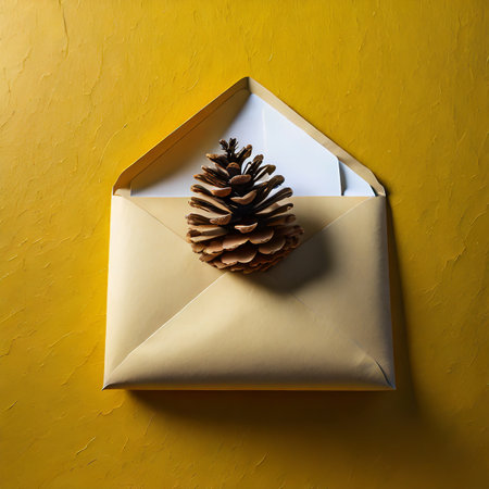 Envelope with pine cone on yellow background. Christmas concept.の素材
