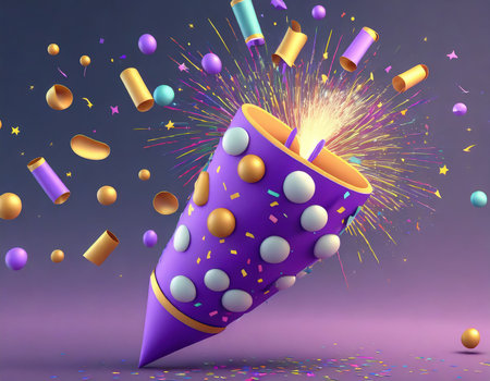 Illustration of a purple fireworks rocket with confetti and ribbonsの素材