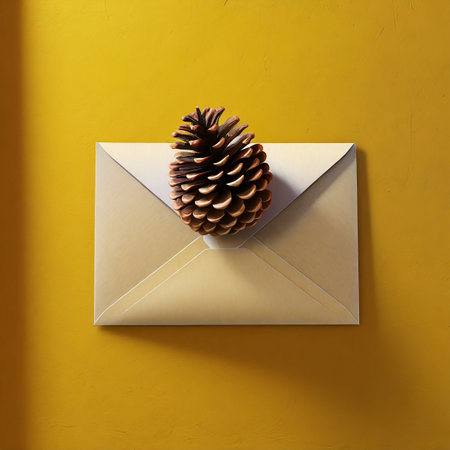 Envelope with pine cone on yellow background. Christmas concept.の素材