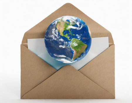 Envelope with earth globe on white background. 3D illustration.の素材