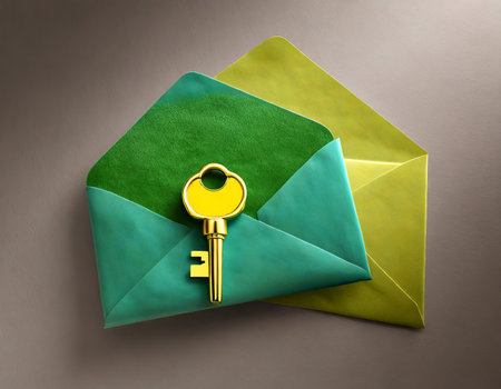 Envelope with golden key on grey background. 3d illustrationの素材