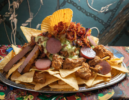 Traditional mexican nachos with guacamole and sausageの素材