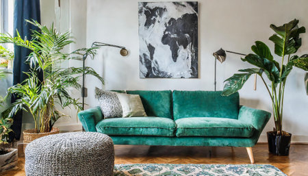 Interior of modern living room with green sofa, pillows and plantsの素材