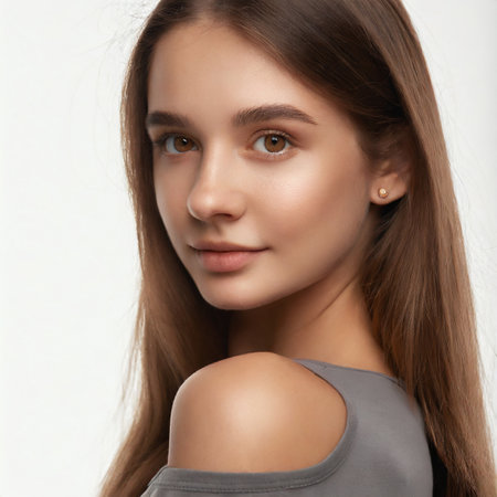 Beautiful young woman with long brown hair and natural make-up.の素材