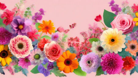 Colorful flower bouquet on pink background with copy space for textの素材