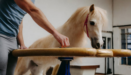 Horse training in the gym. Close-up of a man's hand and a horse.の素材