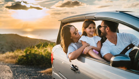 Happy family is enjoying road trip in their car. They are looking at the sunset and smiling.の素材