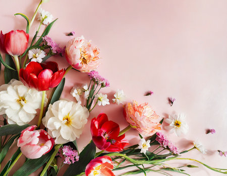Spring flowers on pink background. Flat lay, top view, copy spaceの素材