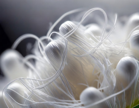 Close-up of white fluffy cotton buds on a black background.の素材